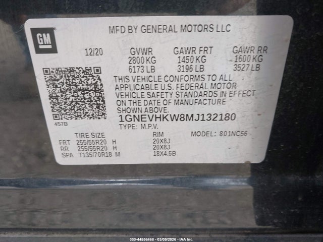 1GNEVHKW8MJ132180 Chevrolet Traverse Awd Lt Leather