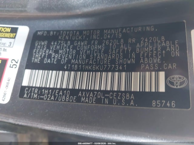 4T1B11HK6KU777341 Toyota CAMRY SE