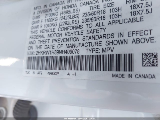 2HKRW1H89NH409078 Honda Cr-v 2wd Ex-l