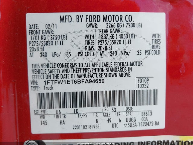 44556497 :رقم المزاد ، 1FTFW1ET6BFA94659 vin ، 2011 Ford F-150 Fx4/king Ranch/lariat/platinum/xlt مزاد بيع