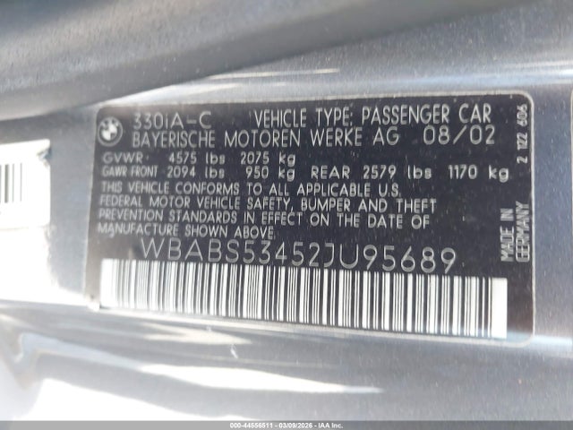 Aukcja sprzedaży 2002 Bmw 330ci, vin: WBABS53452JU95689, numer aukcji: 44556511
