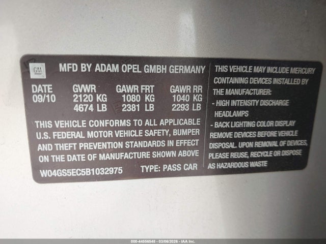 Продаж на аукціоні авто 2011 Buick Regal Cxl Russelsheim, vin: W04GS5EC5B1032975, номер лоту: 44556548