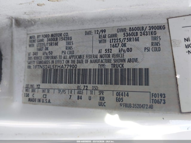2000 Ford E-250 მანქანა იყიდება აუქციონზე, vin: 1FTNS24L5YHA77900, აუქციონის ნომერი: 44556555