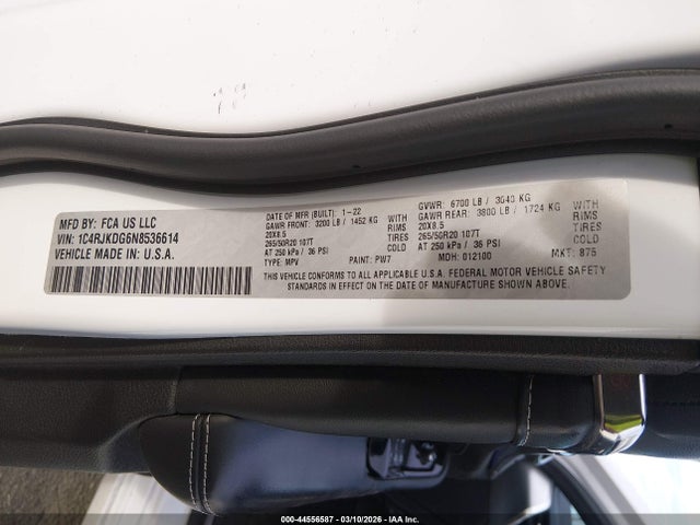 Aukcja sprzedaży 2022 Jeep Grand Cherokee L Overland 4x4, vin: 1C4RJKDG6N8536614, numer aukcji: 44556587