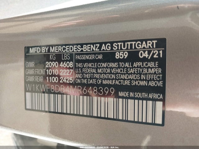 44556605 :رقم المزاد ، W1KWF8DB4MR648399 vin ، 2021 Mercedes-benz C 300 Sedan مزاد بيع