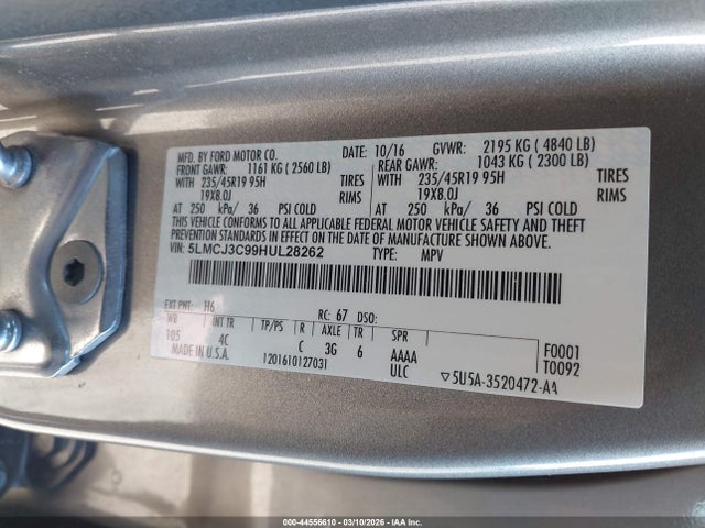 Aukcja sprzedaży 2017 Lincoln Mkc Reserve, vin: 5LMCJ3C99HUL28262, numer aukcji: 44556610