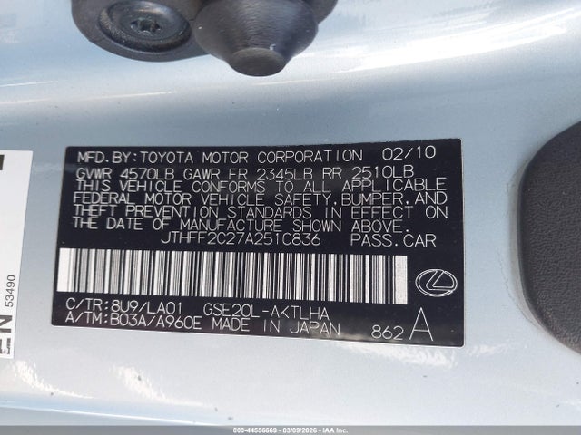 Aukcja sprzedaży 2010 Lexus Is 250c, vin: JTHFF2C27A2510836, numer aukcji: 44556669