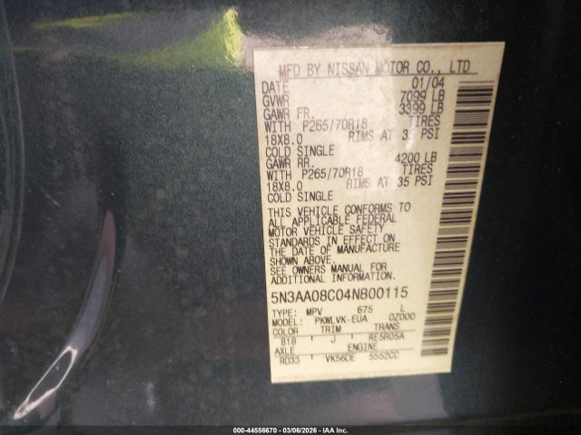 Продажа на аукционе авто 2004 Infiniti Qx56, vin: 5N3AA08C04N800115, номер лота: 44556670