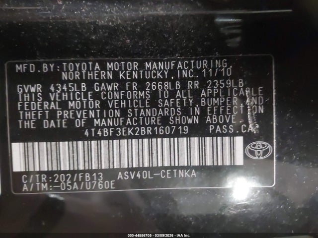 44556705 :رقم المزاد ، 4T4BF3EK2BR160719 vin ، 2011 Toyota Camry Le مزاد بيع