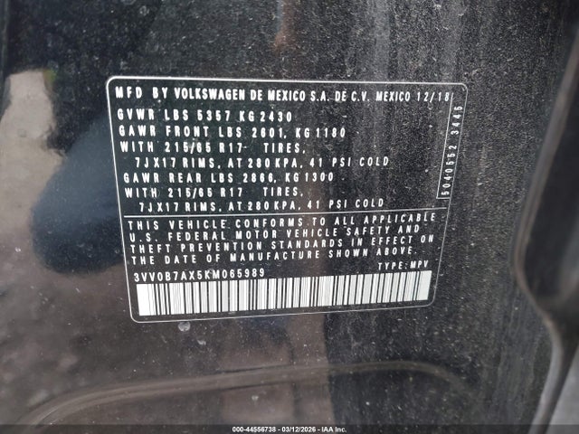 Продаж на аукціоні авто 2019 Volkswagen Tiguan 2.0t S, vin: 3VV0B7AX5KM065989, номер лоту: 44556738