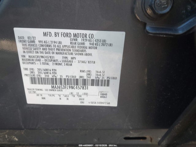 Продаж на аукціоні авто 2022 Ford Ecosport S, vin: MAJ6S3FL9NC457831, номер лоту: 44556801