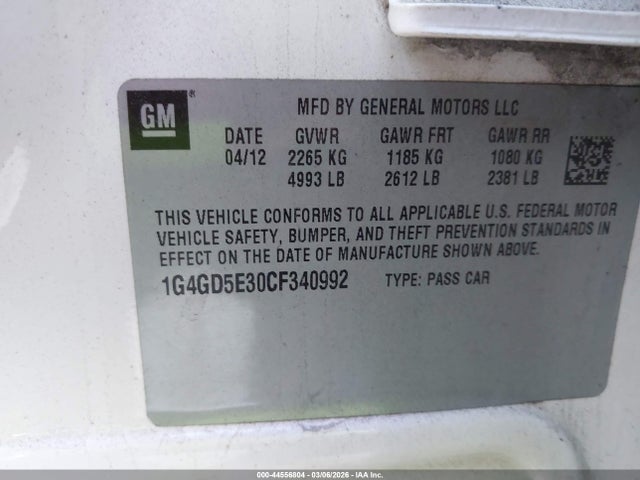 44556804 :رقم المزاد ، 1G4GD5E30CF340992 vin ، 2012 Buick Lacrosse Premium 1 Group مزاد بيع