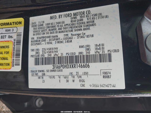 2019 Ford Fusion Se მანქანა იყიდება აუქციონზე, vin: 3FA6P0HDXKR146606, აუქციონის ნომერი: 44556809