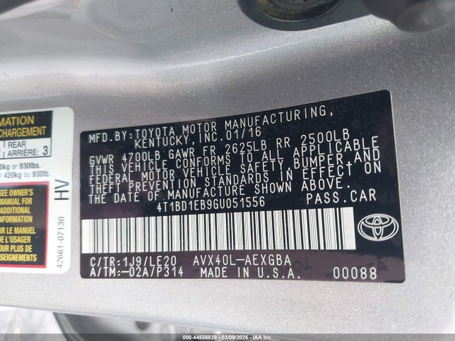 4T1BD1EB9GU051556 Toyota Avalon Hybrid Xle Premium