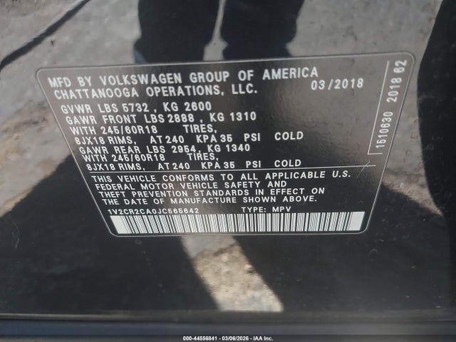 1V2CR2CA0JC565642 Volkswagen Atlas 3.6l V6 Se