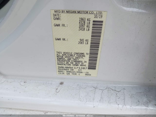 Продаж на аукціоні авто 2020 Nissan Altima S Fwd, vin: 1N4BL4BV0LC175387, номер лоту: 44556852