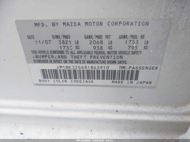 Продаж на аукціоні авто 2008 Mazda Mazda3 I Sport, vin: JM1BK32G681863910, номер лоту: 44556856