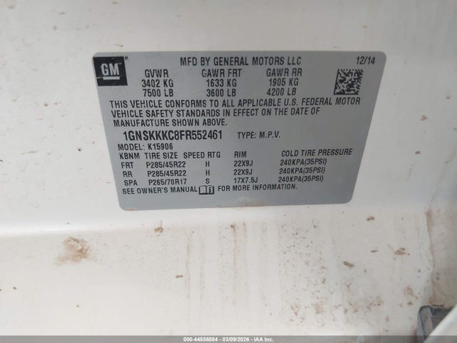 Продаж на аукціоні авто 2015 Chevrolet Suburban 1500 Ltz, vin: 1GNSKKKC8FR552461, номер лоту: 44556884