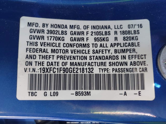 2016 HONDA CIVIC 19XFC1F90GE218132 Photo 8
