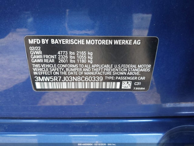 2022 Bmw 330i Xdrive მანქანა იყიდება აუქციონზე, vin: 3MW5R7J03N8C60339, აუქციონის ნომერი: 44556904