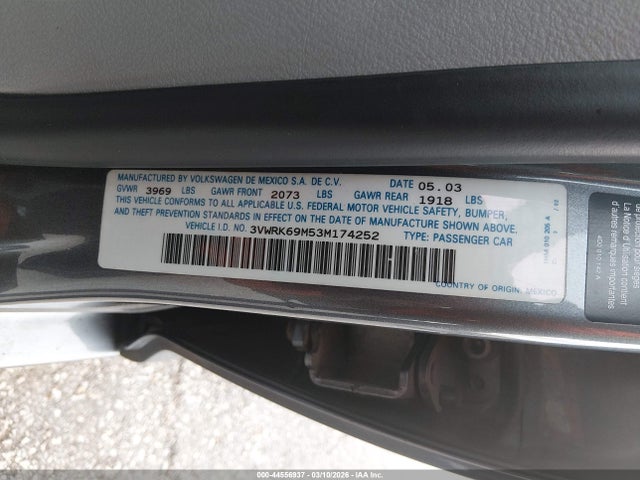 Продажа на аукционе авто 2003 Volkswagen Jetta Gl, vin: 3VWRK69M53M174252, номер лота: 44556937