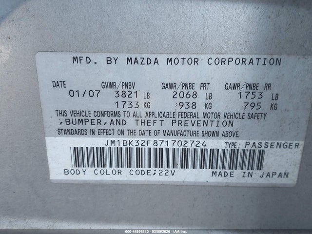44556980 :رقم المزاد ، JM1BK32F871702724 vin ، 2007 Mazda Mazda3 I Touring مزاد بيع