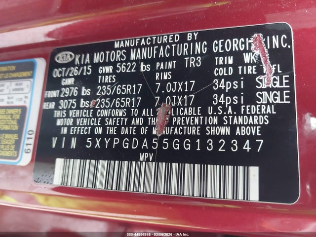 5XYPGDA55GG132347 KIA Sorento 3.3l Lx