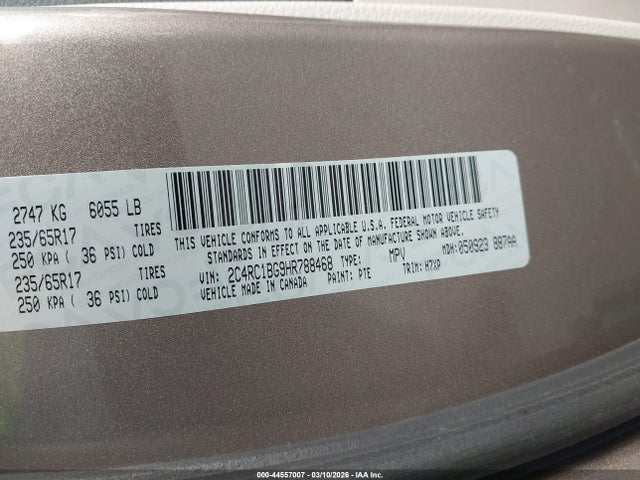 2017 Chrysler Pacifica Touring Plus მანქანა იყიდება აუქციონზე, vin: 2C4RC1BG9HR788468, აუქციონის ნომერი: 44557007