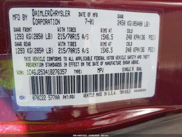 Продажа на аукционе авто 2001 Chrysler Voyager, vin: 1C4GJ25341B276357, номер лота: 44557023