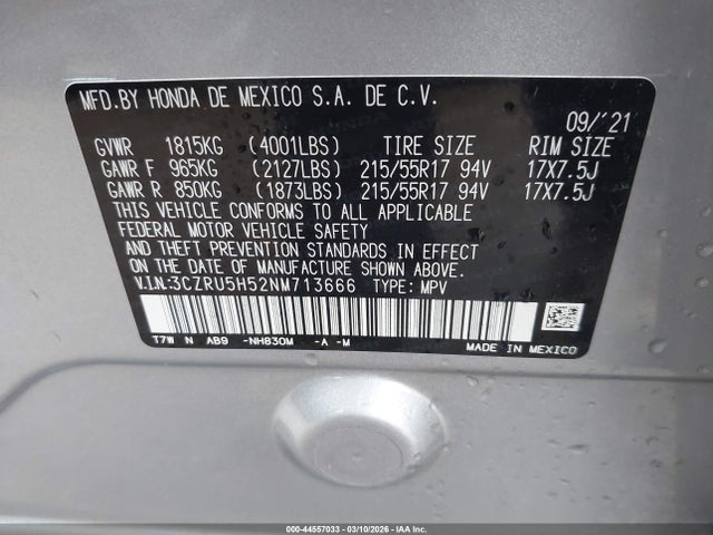 Продажа на аукционе авто 2022 Honda Hr-v 2wd Ex, vin: 3CZRU5H52NM713666, номер лота: 44557033