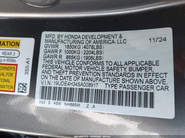 44557079 :رقم المزاد ، 19UDE4H34SA008917 vin ، 2025 Acura Integra A-spec مزاد بيع