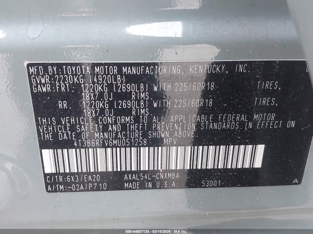 4T3B6RFV6MU051258 Toyota Rav4 Hybrid Xle Premium