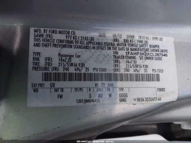 Продажа на аукционе авто 2012 Ford Focus Sel, vin: 1FAHP3H2XCL387946, номер лота: 44557147
