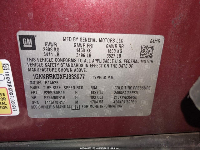 1GKKRRKDXFJ333977 GMC Acadia Slt-1
