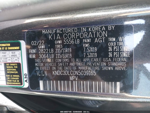 44557185 :رقم المزاد ، KNDC3DLC0N5039165 vin ، 2022 Kia Ev6 Wind مزاد بيع