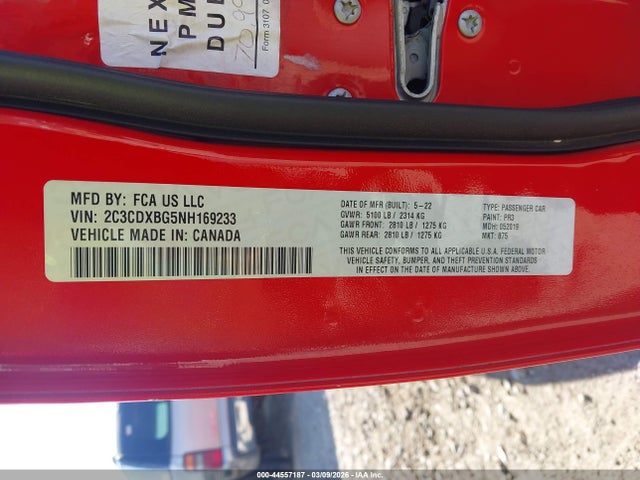2C3CDXBG5NH169233 Dodge Charger Sxt Rwd