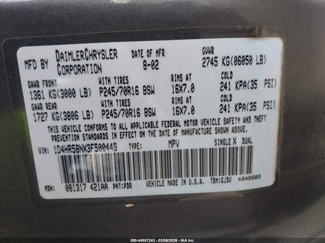 2003 DODGE DURANGO 1D4HR58NX3F500449 Photo 8