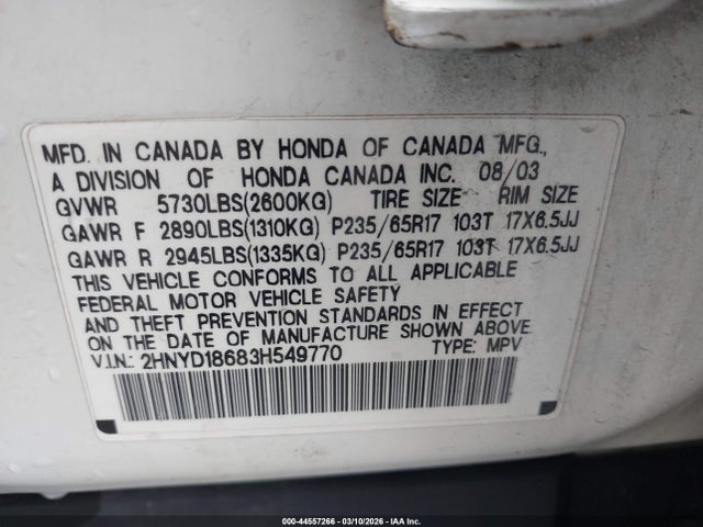 Aukcja sprzedaży 2003 Acura Mdx, vin: 2HNYD18683H549770, numer aukcji: 44557266