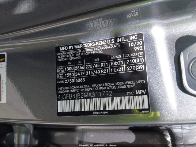 Aukcja sprzedaży 2021 Mercedes-benz Gle 350, vin: 4JGFB4JB2MA311792, numer aukcji: 44557297