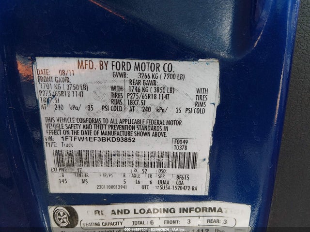 44557321 :رقم المزاد ، 1FTFW1EF3BKD93852 vin ، 2011 Ford F-150 Xlt مزاد بيع