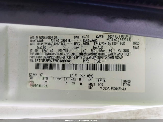44557331 :رقم المزاد ، 1FTNE2EW7BDA99041 vin ، 2011 Ford E-250 Commercial مزاد بيع