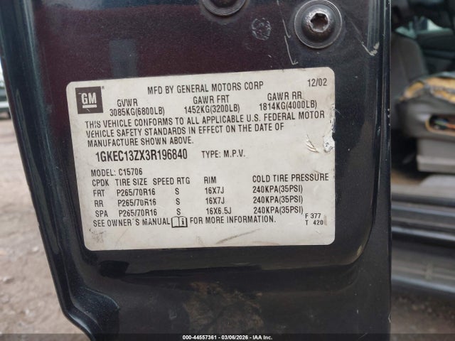 2003 Gmc Yukon Slt მანქანა იყიდება აუქციონზე, vin: 1GKEC13ZX3R196840, აუქციონის ნომერი: 44557361