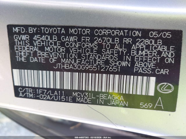 44557383 :رقم المزاد ، JTHBA30G955127651 vin ، 2005 Lexus Es 330 مزاد بيع