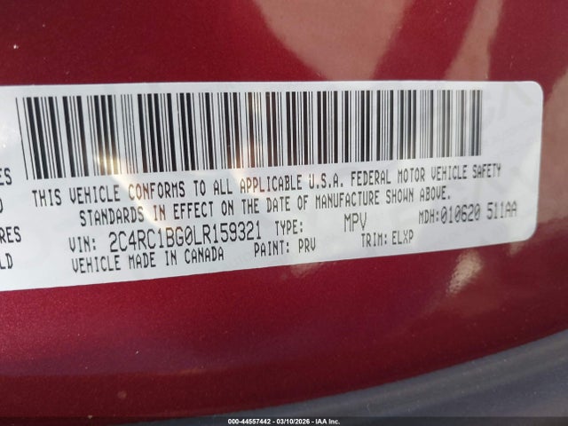Продажа на аукционе авто 2020 Chrysler Pacifica Touring L, vin: 2C4RC1BG0LR159321, номер лота: 44557442