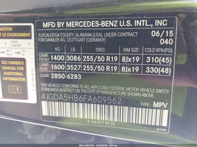 44557449 :رقم المزاد ، 4JGDA5HB6FA609562 vin ، 2015 Mercedes-benz Ml 350 4matic مزاد بيع