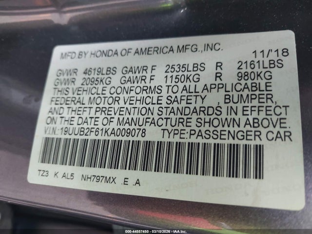44557450 :رقم المزاد ، 19UUB2F61KA009078 vin ، 2019 Acura Tlx Tech   A-spec Pkgs مزاد بيع