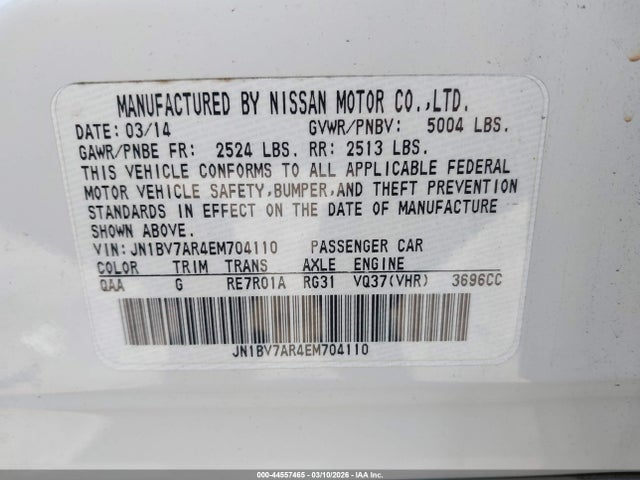 44557465 :رقم المزاد ، JN1BV7AR4EM704110 vin ، 2014 Infiniti Q50 Premium مزاد بيع