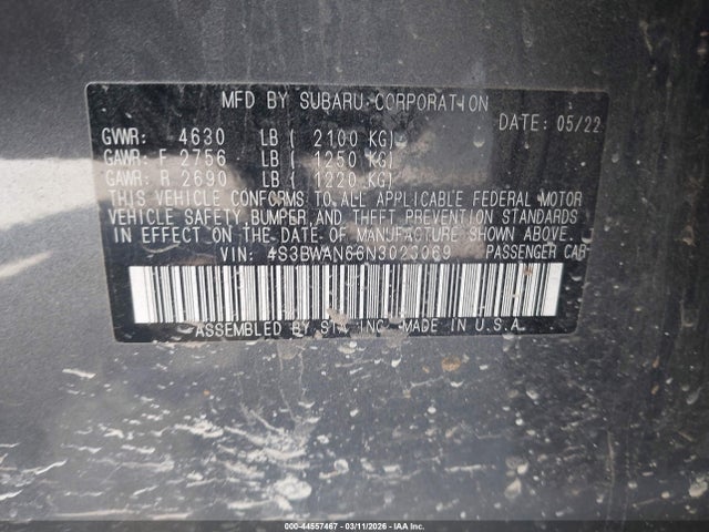 Aukcja sprzedaży 2022 Subaru Legacy Limited, vin: 4S3BWAN66N3023069, numer aukcji: 44557467