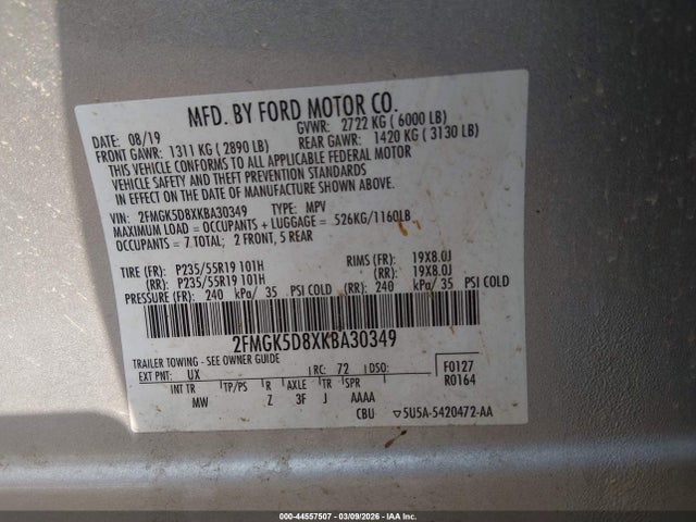 44557507 :رقم المزاد ، 2FMGK5D8XKBA30349 vin ، 2019 Ford Flex Limited مزاد بيع