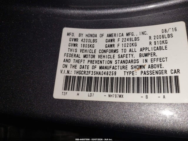 Honda ACCORD LX 2017 1HGCR2F35HA048259 Image 9